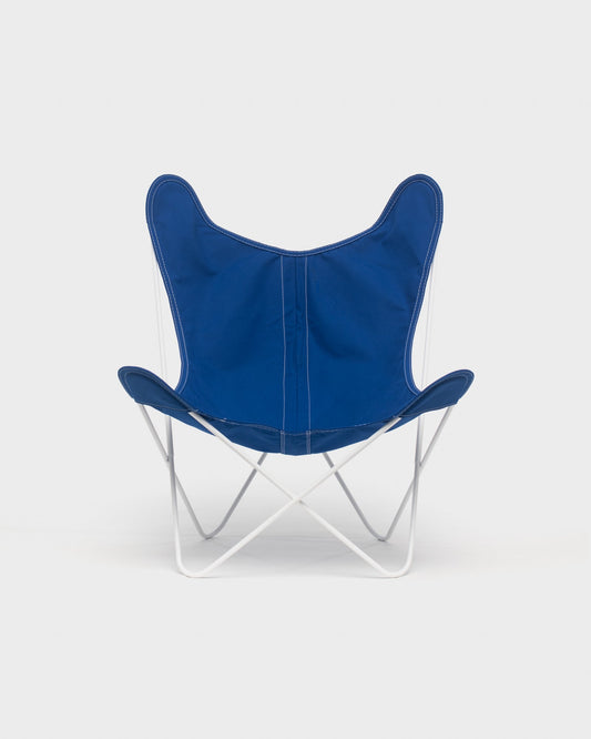 Fauteuil Papillon Bleu Coton Structure Blanche - Vue de face