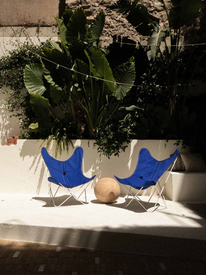 Fauteuil Papillon Bleu Coton Structure Blanche - Terrasse extérieur