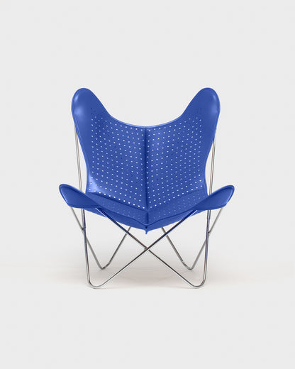 Fauteuil Papillon Cuir ajouré bleu - Structure inox - Vue de face