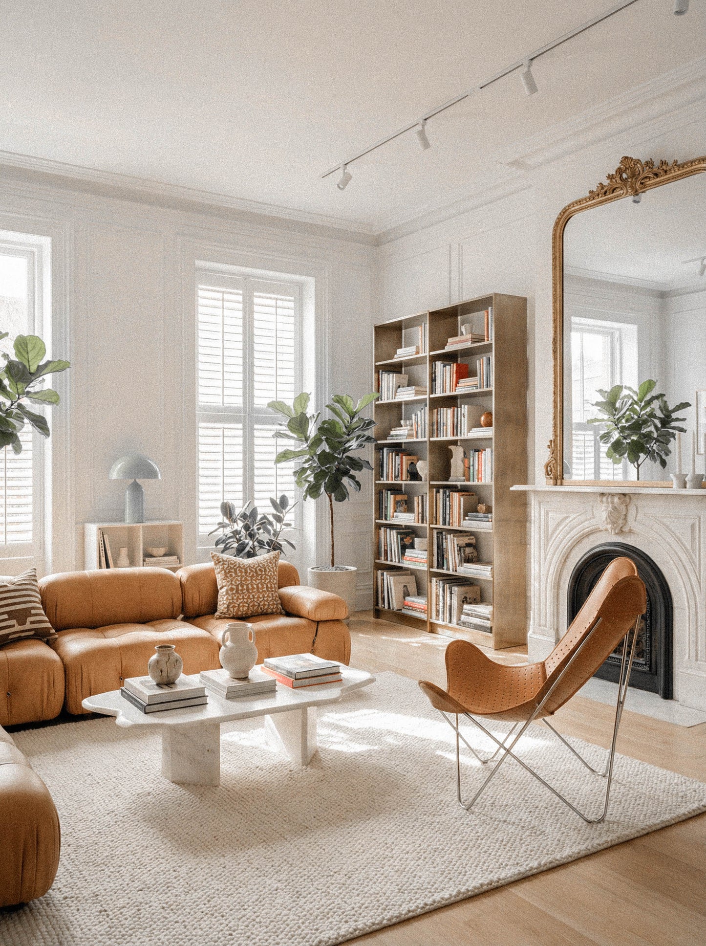 Fauteuil Papillon Cuir ajouré cognac - Structure inox - Vue de profil dans un salon moderne