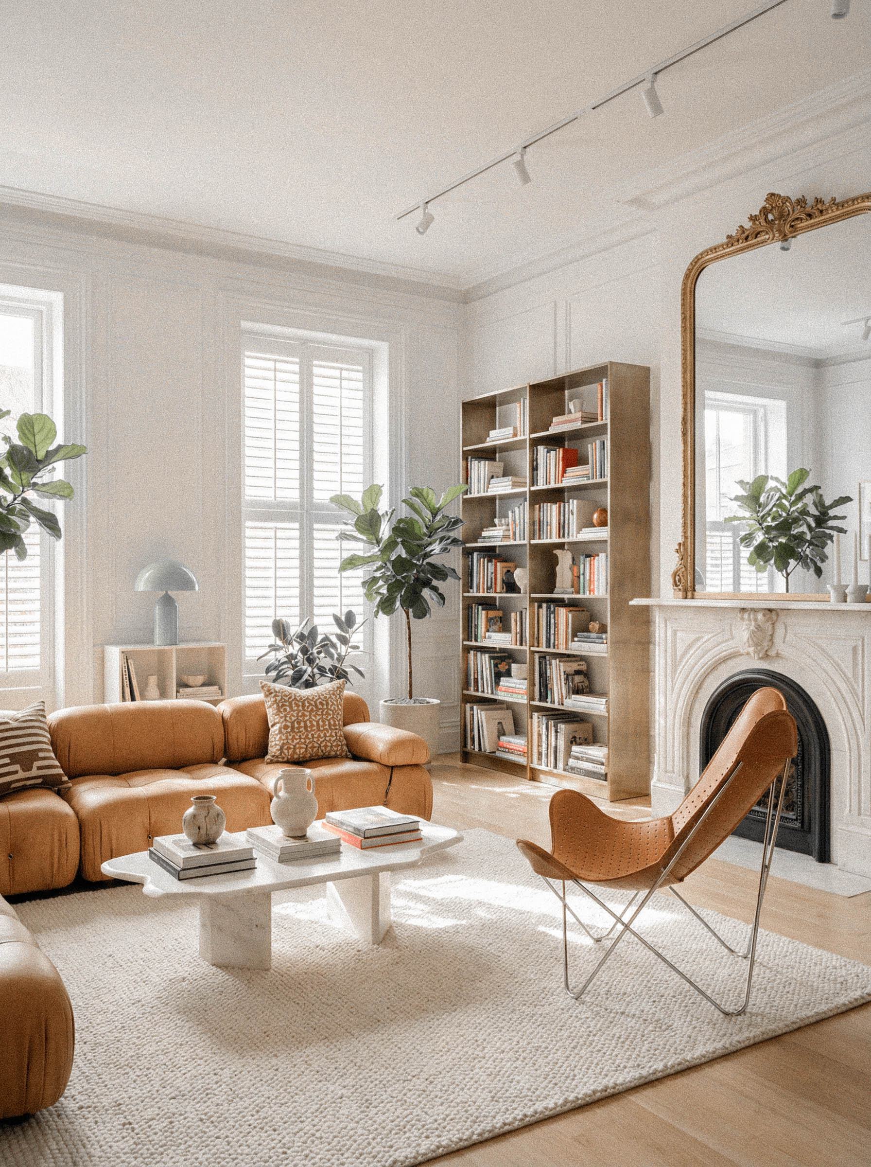 Fauteuil Papillon Cuir ajouré cognac - Structure inox - Vue de profil dans un salon moderne