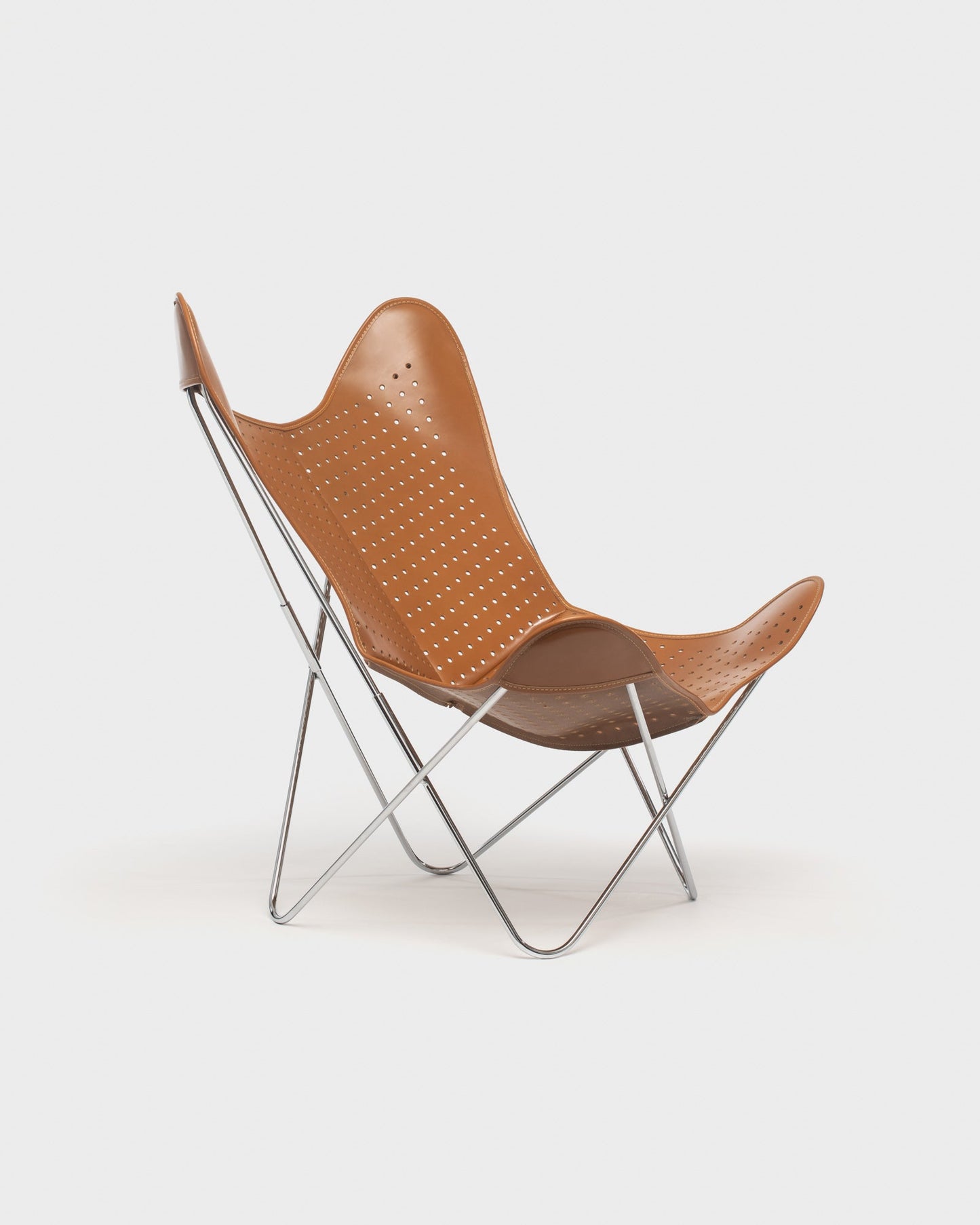 Fauteuil Papillon Cuir ajouré cognac - Structure inox - Vue 3/4