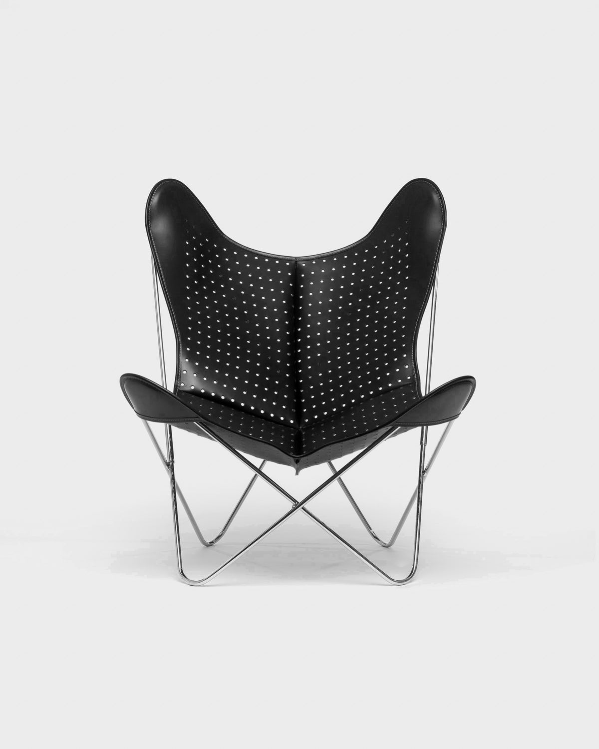 Fauteuil Papillon Cuir ajouré noir - Structure inox - Vue de face