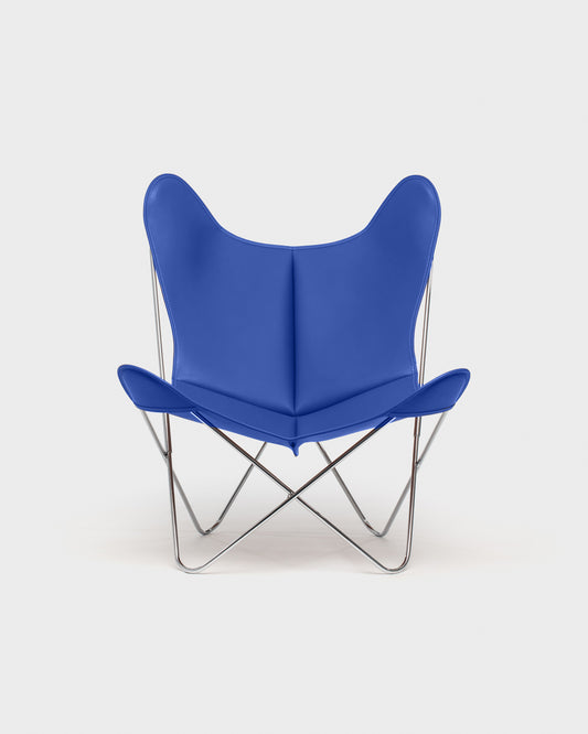 Fauteuil Papillon Cuir bleu - Structure inox - Vue de face