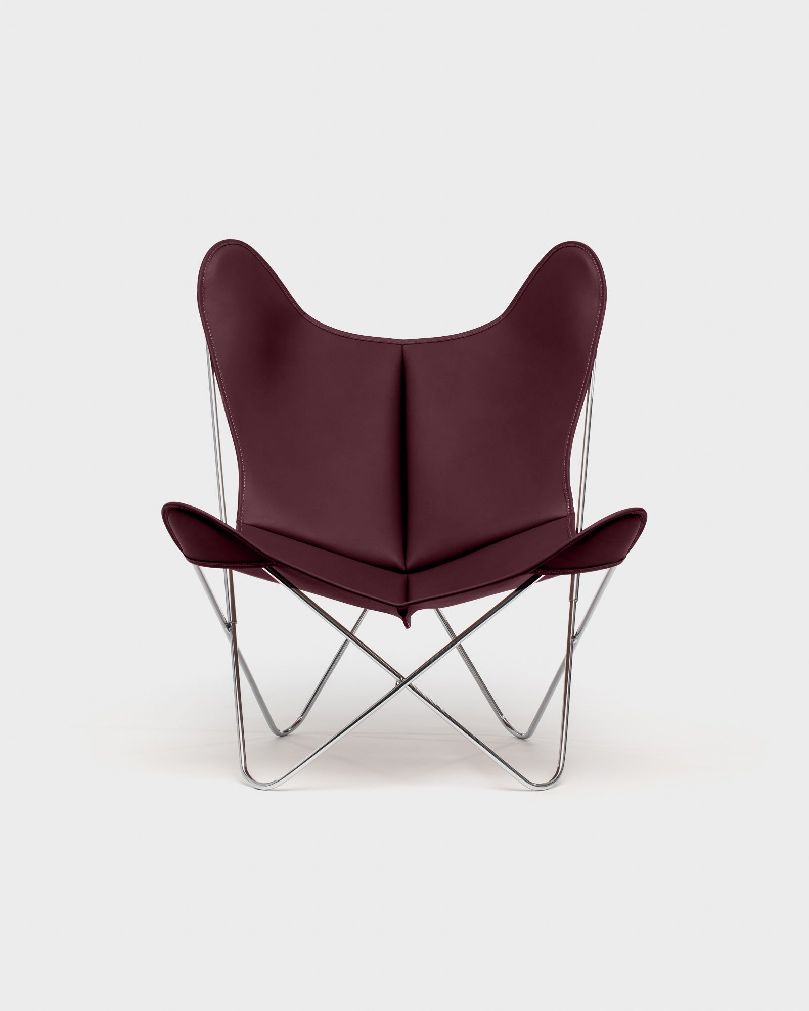 Fauteuil Papillon Cuir bordeau - Structure inox - Vue de face