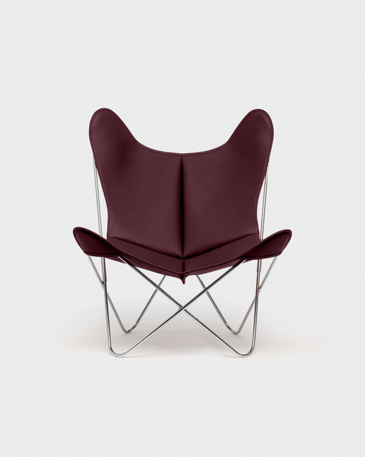 Fauteuil Papillon Cuir bordeau - Structure inox - Vue de face