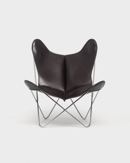 Fauteuil Papillon Cuir Marron foncé - Structure inox - Vue de face