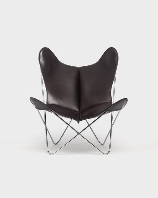 Fauteuil Papillon Cuir Marron foncé - Structure inox - Vue de face