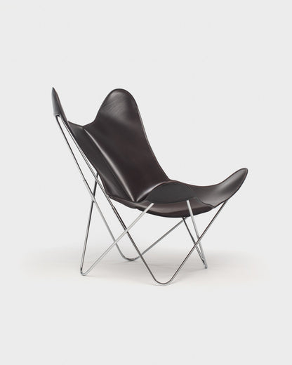 Fauteuil Papillon Cuir Marron foncé - Structure inox - Vue 3/4