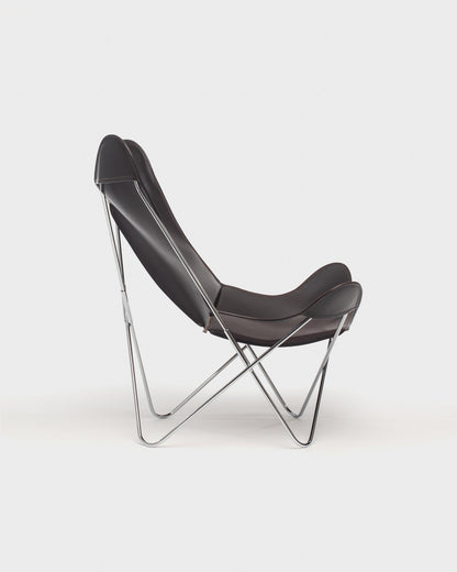 Fauteuil Papillon Cuir Marron foncé - Structure inox - Vue de profil