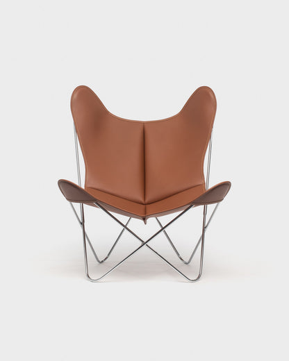 Fauteuil Papillon Cuir marron naturel - Structure inox - Vue de face