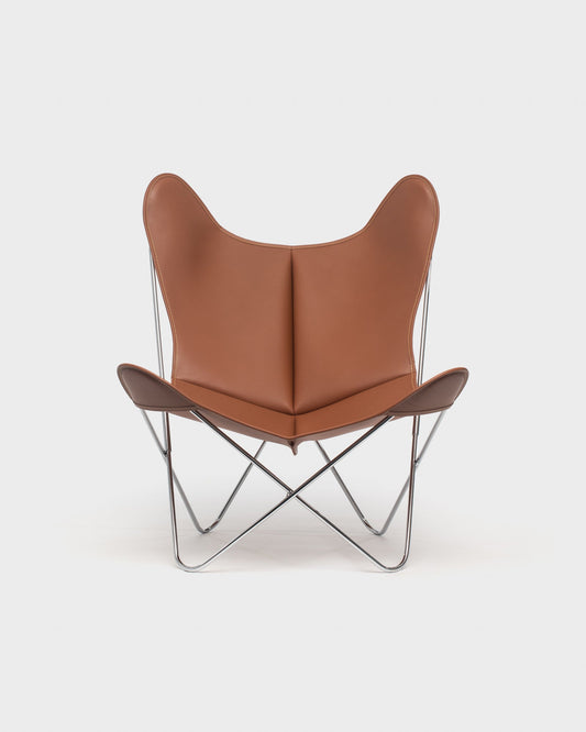 Fauteuil Papillon Cuir marron naturel - Structure inox - Vue de face