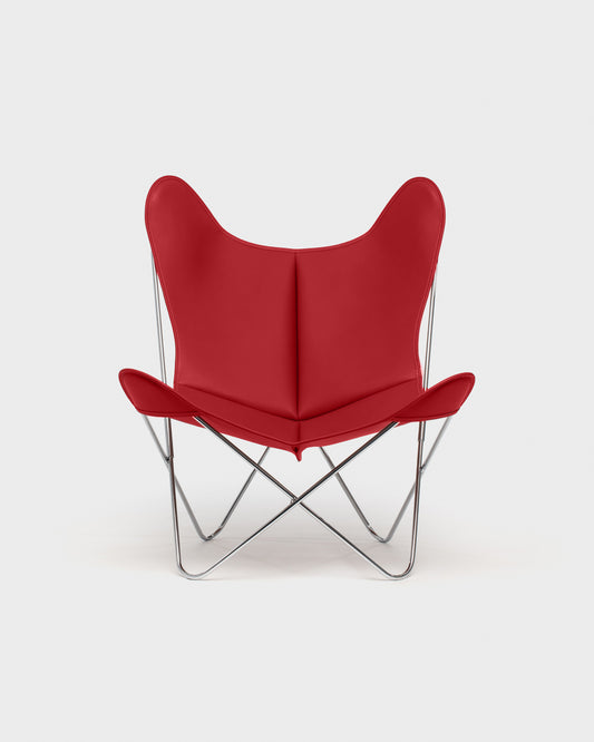 Fauteuil Papillon Cuir rouge - Structure inox - Vue de face
