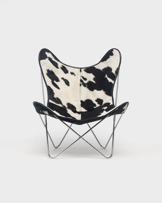 Fauteuil Papillon Cuir Vache Noire Blanc Structure Inox - Vue de face