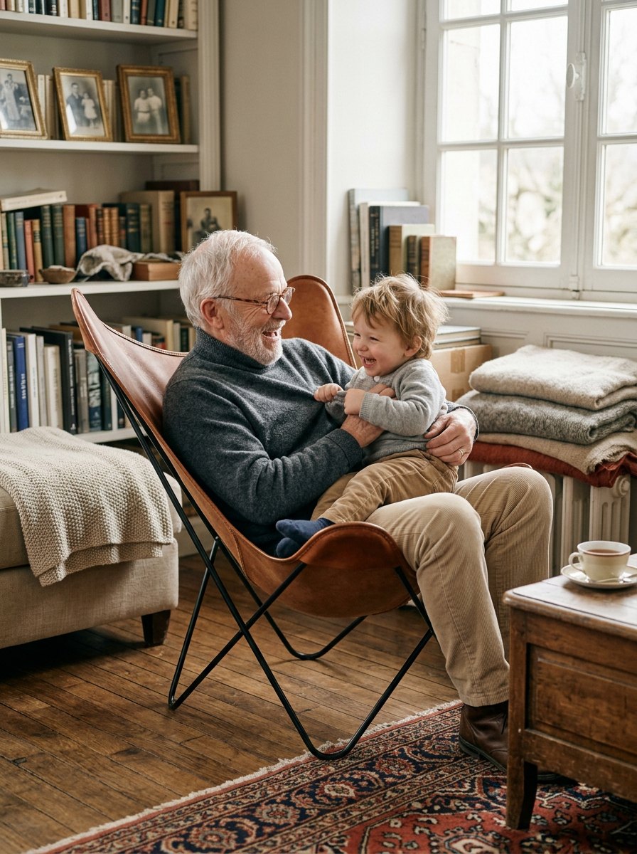 Un grand-père et son petit-fils assis ensemble dans un fauteuil papillon en cuir, chez eux