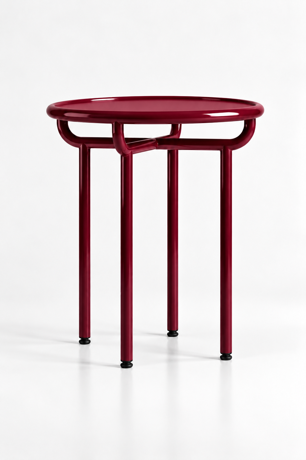 Guéridon design ARCHETYPE, table d’appoint bordeaux en métal cintré