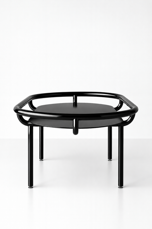 Table basse design ovale ARCHETYPE noire en métal, vue de côté